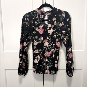 Black Floral Blouse, Long Sleeve, Keyhole Neck, Ruffle Detail, Feminine, Pretty